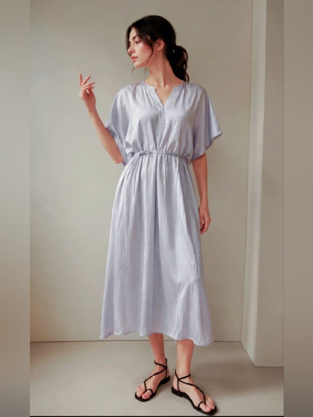 NWT Banana Republic Silver-Gray Satin Midi Dress Kaftan W/ Belt Summer Boho XL